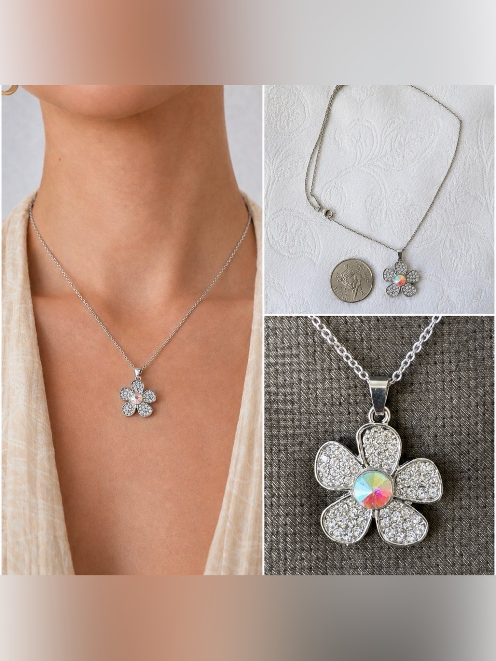 Stainless Steel Rhinestone Flower Charm Silver Chain Statement Necklace 18" NEW